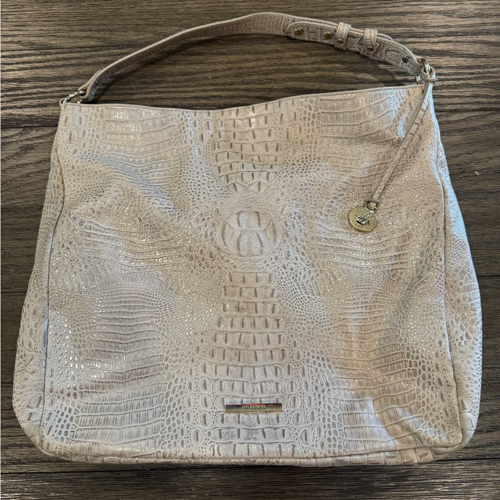 Brahmin Beige Croc-Embossed Shoulder Bag